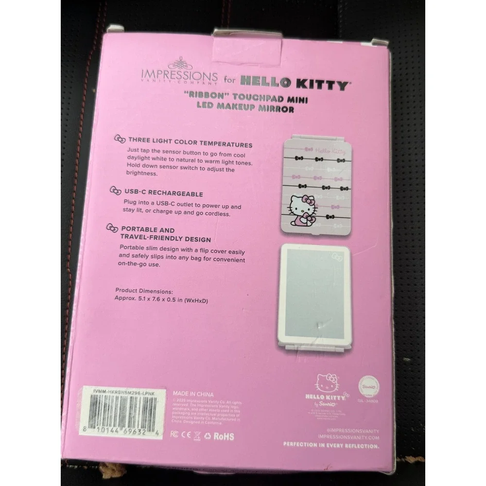 NEW Hello Kitty Impressions Vanity Touchpad Mini LED Makeup Mirror Ribbon Pink